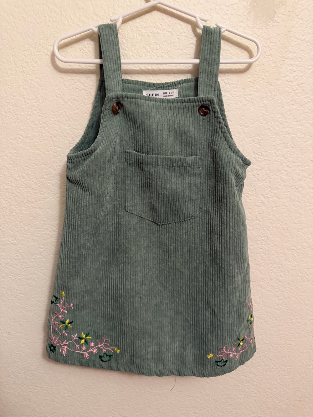 SHEIN Green Corduroy Overall Dress with Pink & Yellow Floral Trim